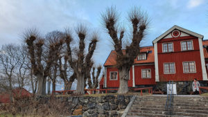 Bild på ett rött hus med många träd omkring